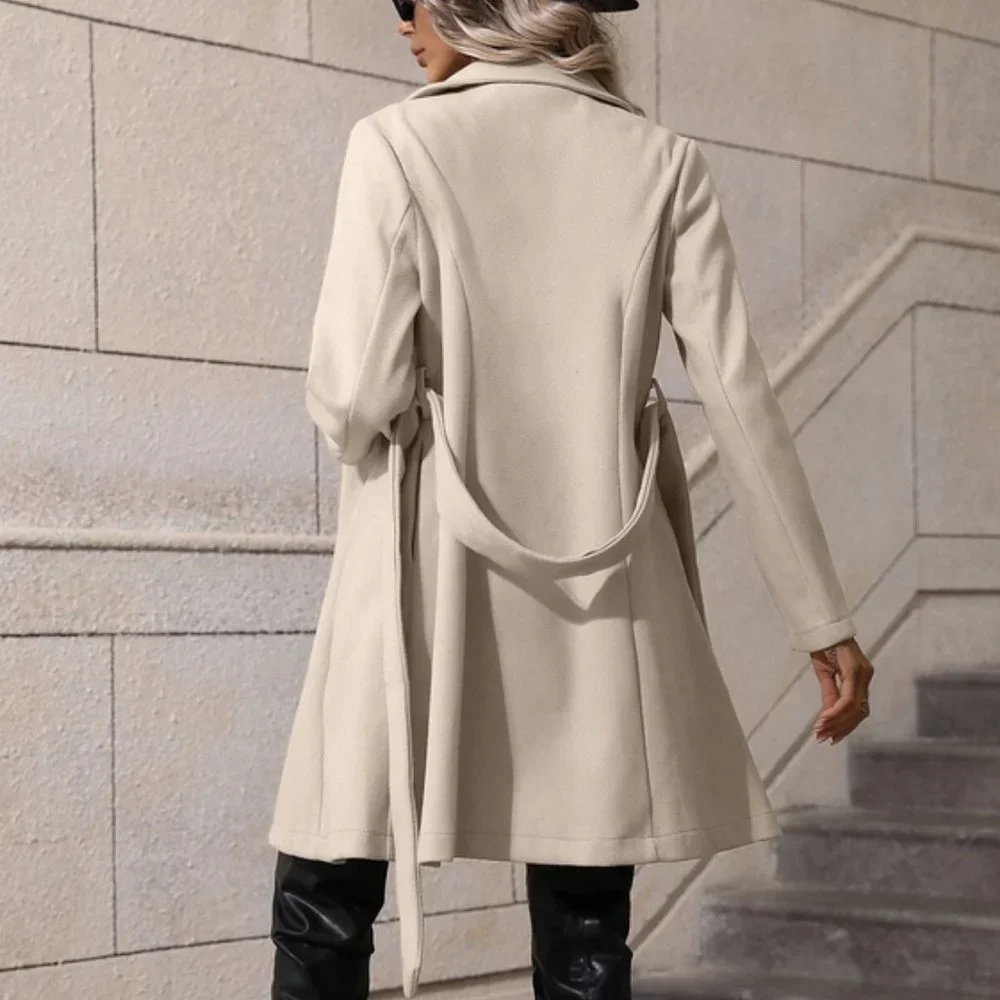 Womens Lapel Neck Double Breasted Belted Coat Beige - Picture 7 of 7
